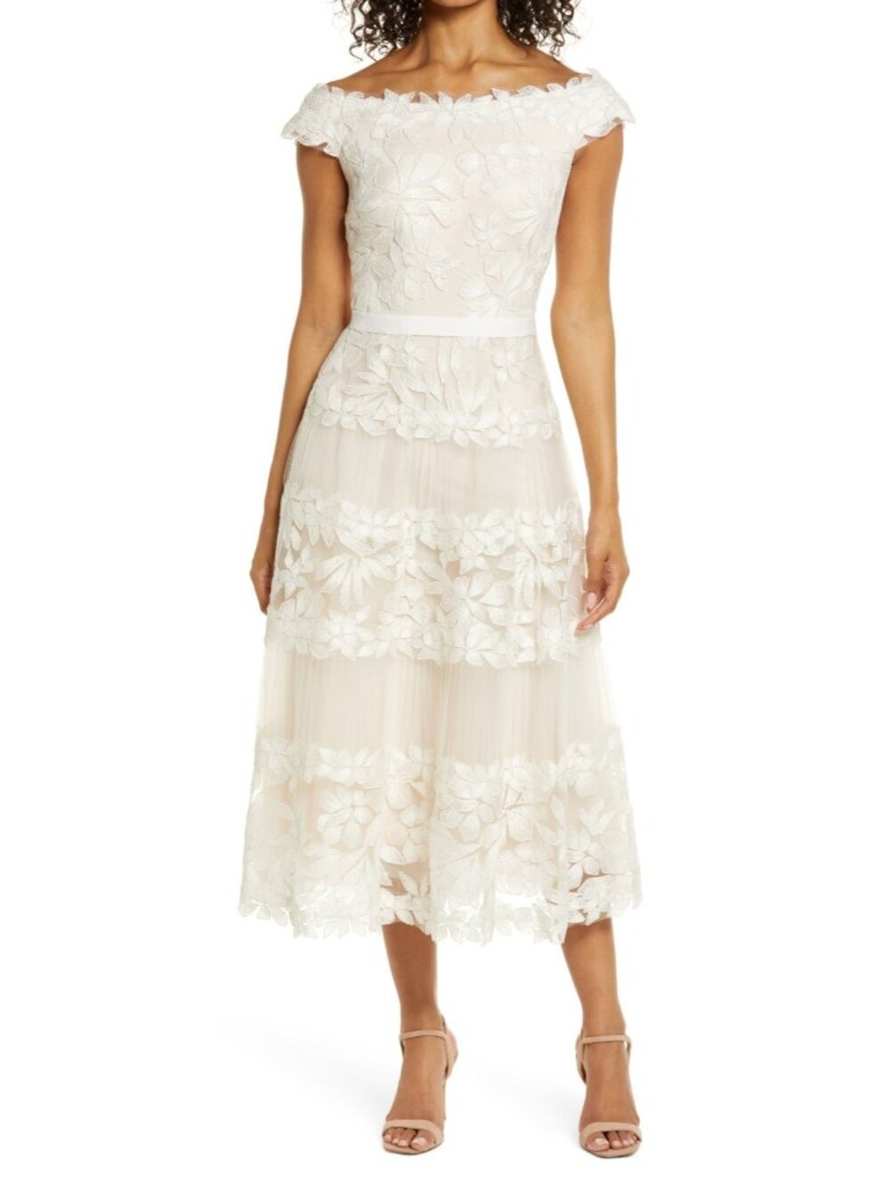 NWT TADASHI SHOJI Adriane in Ivory Petal Floral Embroidered Tea Midi Dress 12